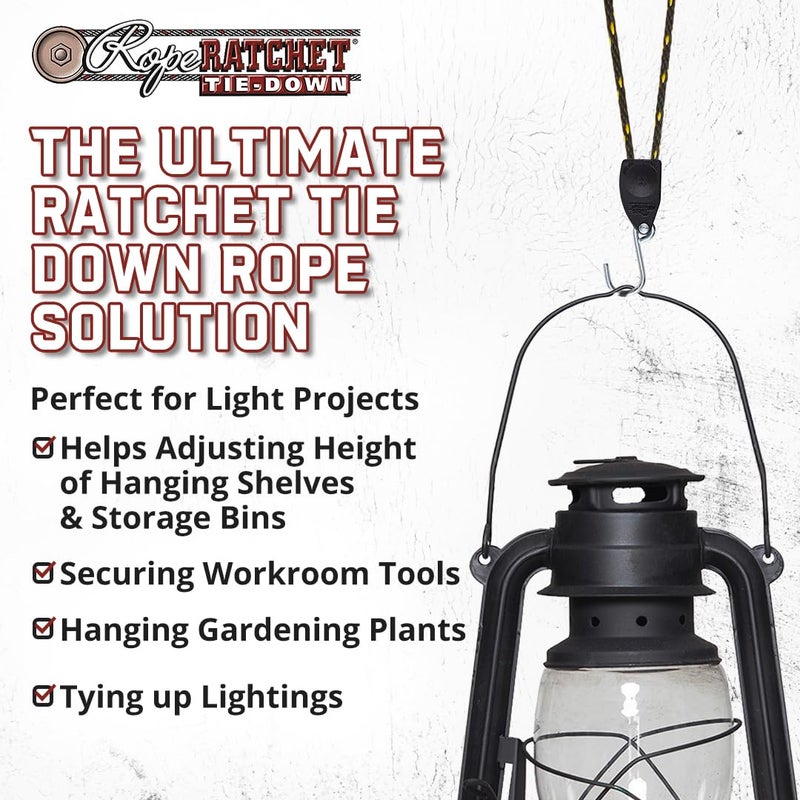 Rope Ratchet حبل ربط 1/8" مع حبل تعليق بطول 6' من بولي بروبيلين مضفر صلب، مثالي للكاياك، الكانو، الخيمة، أضواء النمو، المظلة، معدات الهواء الطلق، سعة 75 رطل - Image 4